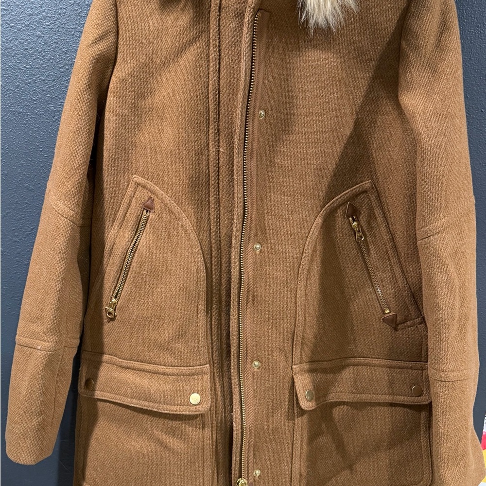J. Crew Brown Pea Coat Parka with Fur Trim